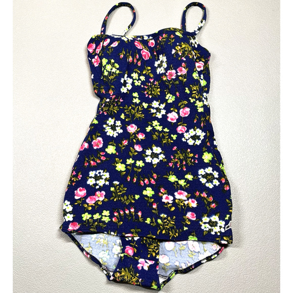 1960s 1970s Pinup MCM Bathing Suit Swimsuit Romper Floral Polyester Play Suit - Picture 1 of 16